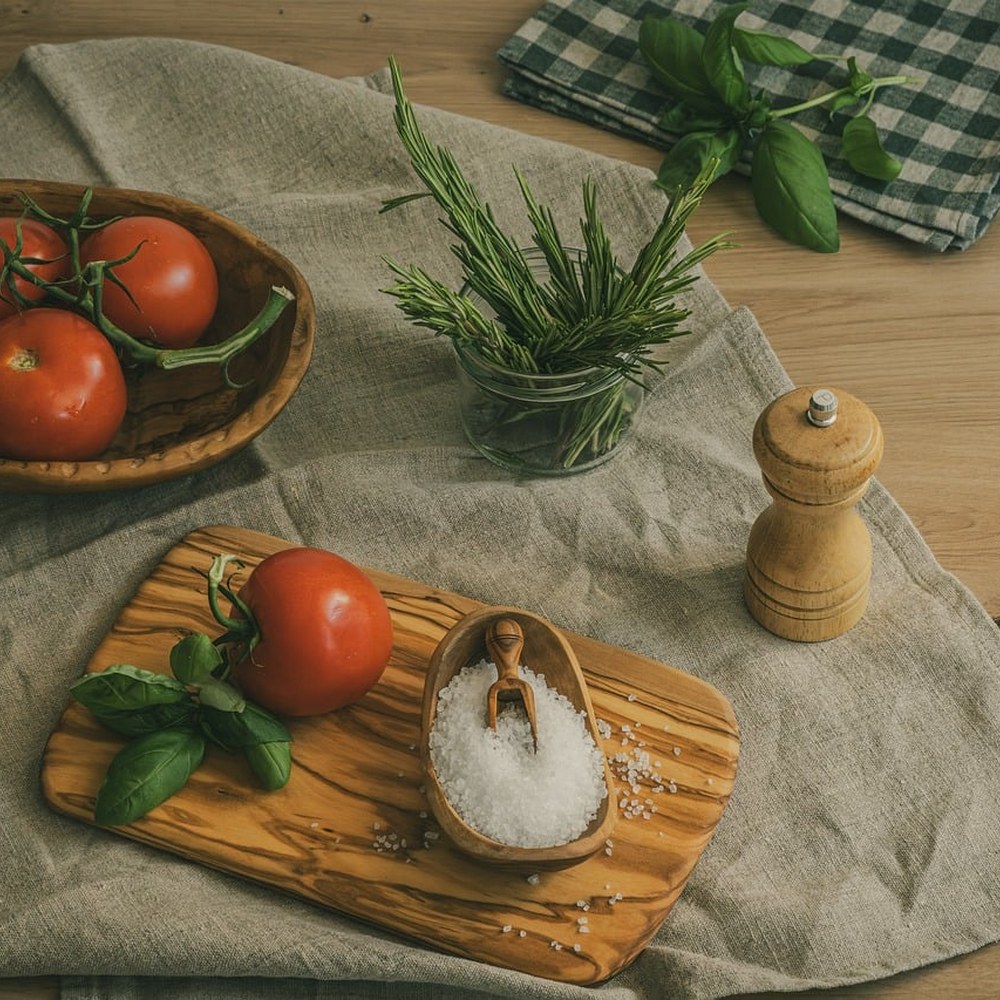 Tomates, romarin, basilic et fleur de sel sur planche en bois d'olivier — évocation de l'alimentation et du conseil nutritionnel